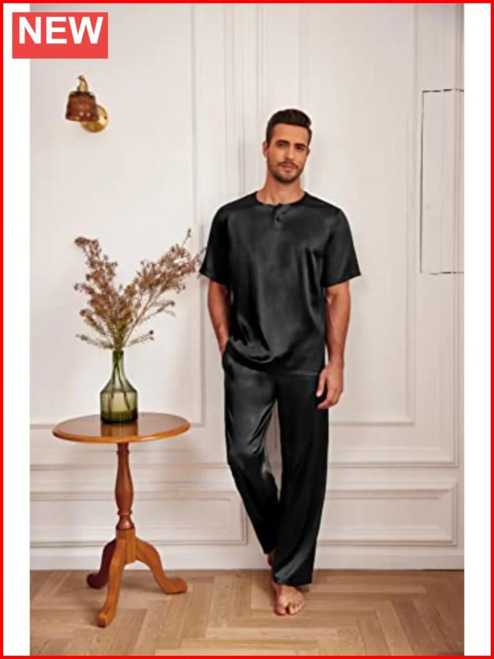 Mens Silk Satin Pajama Set Short Sleeve Sleepwear Loungewear with Long Pants